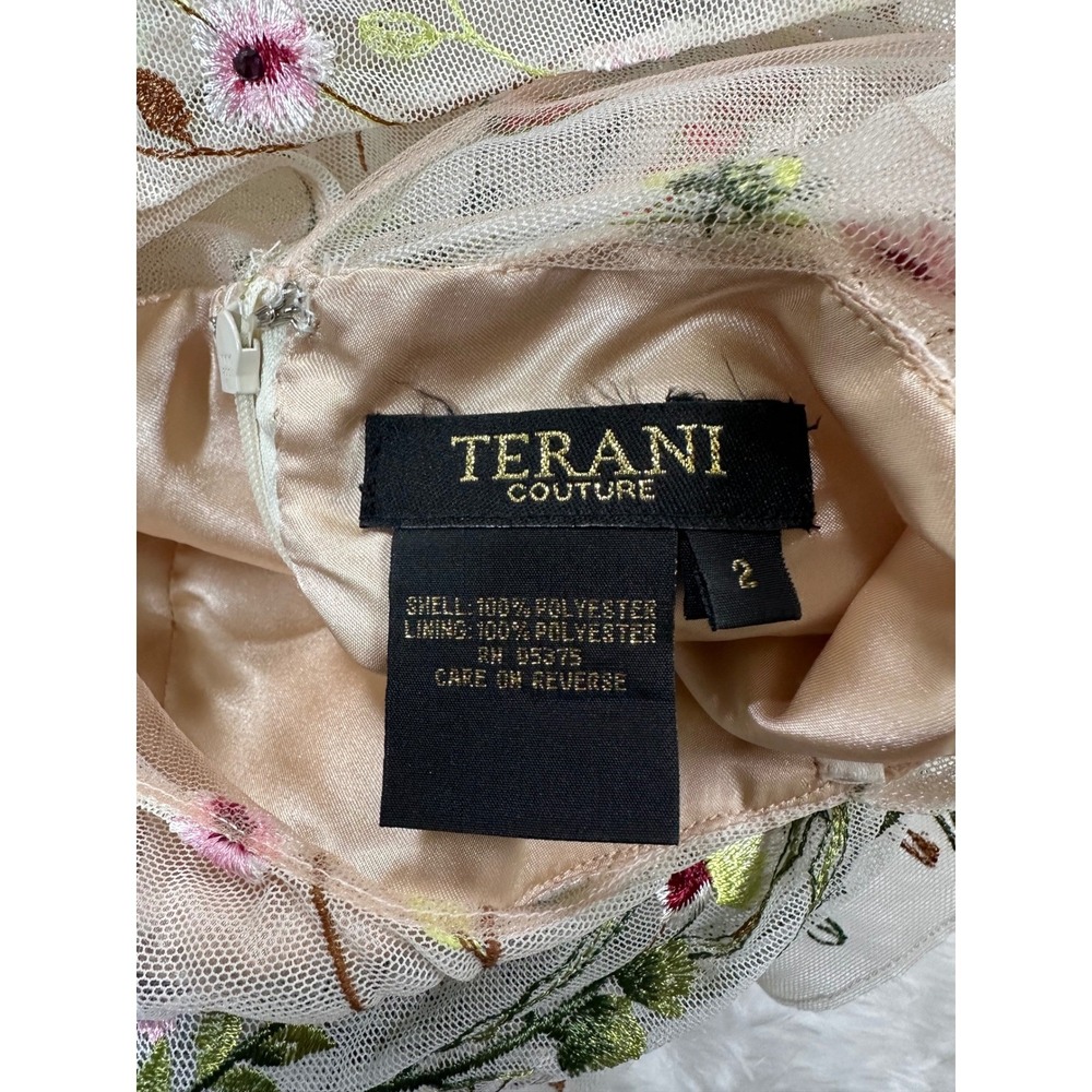 Terani Couture Women's Beige Floral Embroidered Tulle Halter Dress Size 2 - Picture 3 of 4
